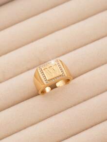 1pc Luxury Style 26 Letter Block Single-Sided Exquisite Cubic Zirconia Embellished Open Ring, Delicate Jewelry Accessory Suitable For Teenagers Daily Wear, 26 Initial Letter Ring Is An Ideal Gift For Friends - Gold - View 13