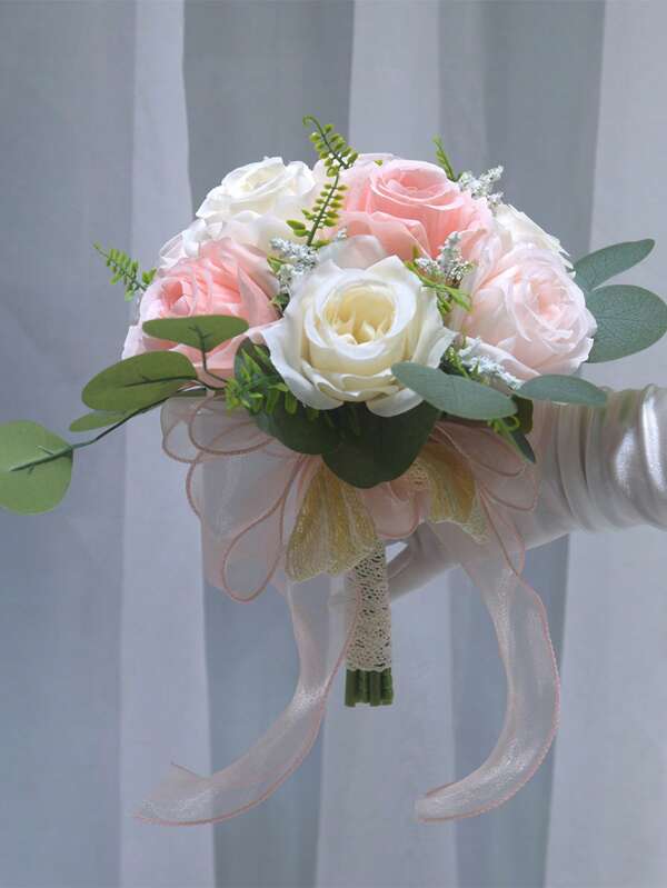 Wedding Bouquets For Bride Bridesmaid,White/Pink Champagne Artificial Roses Flowers For Wedding Church Decoration (9.0in)