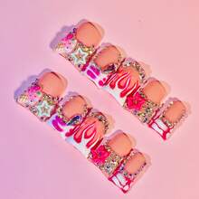 Sugar Burn Duck Tip Press On Nails, Handmade Pink Flame Nails, Ice Cream Charms, Stars, Rhinestones, Sweet Y2K Glam Summer - Pink - View 7