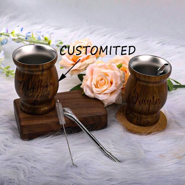 Personalized Mate Tea Cup – Custom Engraved Bridesmaid Gift, Wooden Design, Unique Bridal Party Favors, Wedding Thank You Gifts, Customized Name Tea Gourd With Straw
