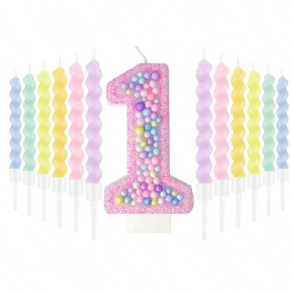 ROSA Geburtstagskerzenmakrone Glitzer 3D Zahlenkerze mit 12 Stücke Regenbogen Spiralkerzen in Haltern als Kuchendeko, Hochzeit, Jahrestag, pastellfarbenes süßes Themenparty Dekoration