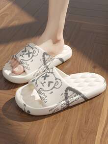 夏季男女通用卡通熊印花拖鞋，室内/室外，海滩，时尚黑白熊设计，男士特大码 36-49，随机印花位置卡其色