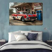 Vintage metalen blikken bord met auto en tankstation - Klassieke rood-witte autokunst uit de jaren 50, 20x30cm - Retro wanddecoratie voor thuis, in de winkel en buiten met voorgeboorde gaten - Ideaal voor nostalgie en vakantiedecoratie, buitenplaquette | Vintage tankstation | Rustieke textuur, autodecoratie