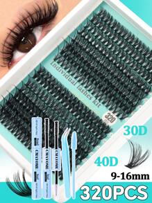 Kit de pestañas postizas rizadas y esponjosas con rizado D, 30D+40D+50D+60D+80D, 320 racimos de pestañas de estilo mixto de 10-18mm, set de pestañas dramático para principiantes, reutilizable con pegamento, incluye pincel para pestañas, pinzas y herramientas aplicadoras, ligero, portátil, pestañas listas para exterior