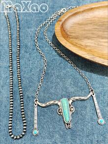 Women's Retro Style Double Layer Necklace With Pearls, Suitable For Daily Wear - Vintage Bull Head Double Layer Necklace - View 2