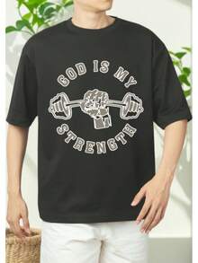 Camiseta cristiana de fitness estilo vintage "Dios es mi fuerza" - Negro, algodón, cuello redondo de manga corta para hombres, casual y cómoda para el verano, perfecta para el gimnasio o el uso deportivo, camiseta casual de verano, ropa motivacional, camiseta de comodidad de algodón, camisetas de gimnasio - Negro - Ver 5