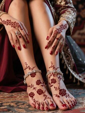 8pcs Floral Design Brown, Red, Chestnut Sexy Finger Toe Tattoo Stickers For Women, Rose Flower Nail, Waterproof Temporary Tattoo Stickers, Brown Tattoo Stickers For Female Body Art, Wedding Party