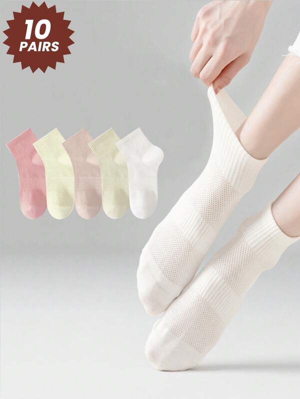 10 pares de calcetines cortos de tobillo para mujer de color aleatorio, calcetines de malla con cintura Elastic transpirables para primavera/verano, medias deportivas para mujeres