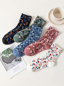 5 Pairs Women Ditsy Floral Crew Socks, Soft Comfortable Breathable Loose Fit Socks For Daily, Casual, Sports, Gifts, Suitable For All Seasons, Fall - Multicolor - View 11