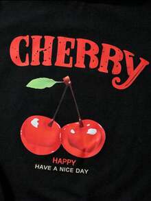 Camiseta Para Mujer Con Estampado De Cherry, Camiseta Estampada De Cuello Redondo Y Manga Corta Para Mujer, Top Fashion De Moda Para Toda Ocasión, Tela Suave Mezcla De Algodón Con Spandex, Ropa De Mujer. - Negro - Ver 2