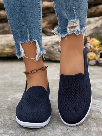 新款舒适轻便针织网面套脚运动鞋，时尚平底乐福鞋
