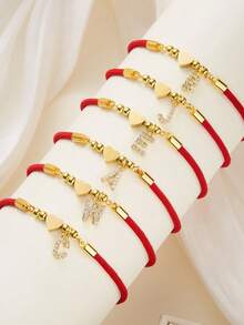 1 件 A-Z 英文字母不锈钢锆石心形串珠手工编织可调节手链女士配饰节日礼物 - 紅色 - 查看 2