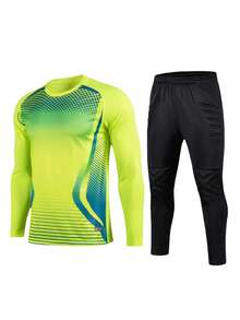 2pcs/Set Goalkeeper Jersey Top With Elbow Padding, Chest Anti-Slip Stripes And Long Sleeve Breathable T-Shirt + Goalkeeper Pants With Elastic Waist And Breathable Protection, For Training & Match Activities - Green - View 1