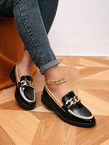 女士圆头链条拼色平底乐福鞋，厚底舒适复古休闲鞋