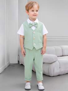 3 Peças/Conjunto Terno Infantil Masculino, Colete + Calça + Gravata Borboleta Combinando, Traje Formal de Festa, Cerimônia, Anfitrião, Terno de Gentleman, Verão