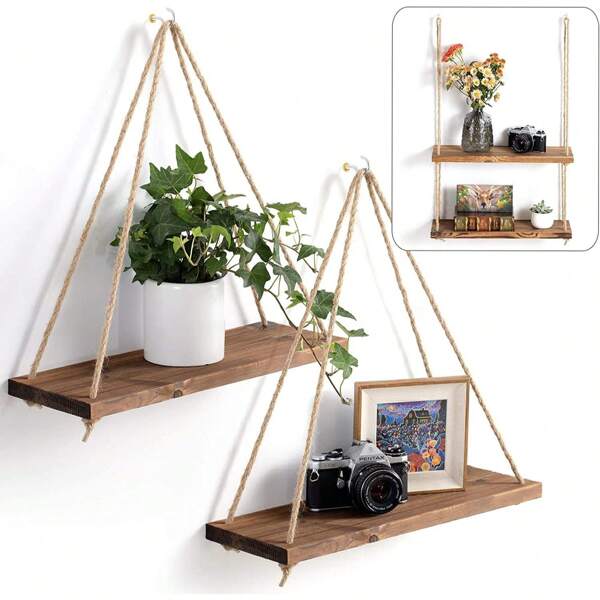 Étagère suspendue en corde rustique, étagères suspendues murales, étagères flottantes suspendues en corde, étagères rustiques de style fermier boho, étagères suspendues, décoration murale de style boho, pour la salle de bain, le salon