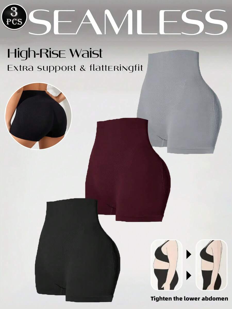3条装无缝顺滑收腹内裤，适合搭配低腰裙，塑身运动内裤，提臀瑜伽短裤，健身腰带短裤，女士内衣 - 彩色 - 查看 1