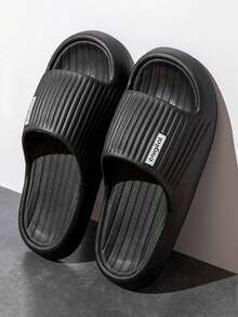 男女通用简约 EVA 舒适轻便拖鞋 - 简约竖条纹字母装饰韩式风格，适合居家、海滩、淋浴、室内/室外穿着，厚底舒适轻便柔软休闲通勤高端设计，男女通用系列