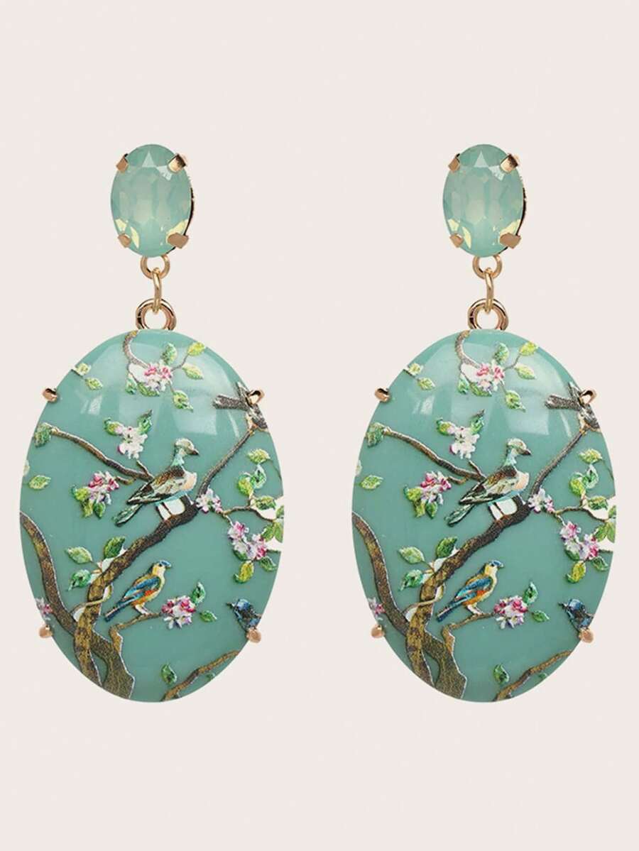 1 Pair Retro Bird & Floral Print Geometric Design Earrings - Green - View 1