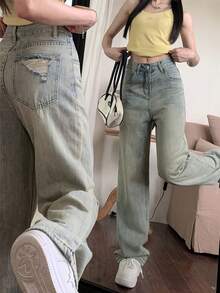 Straight Leg Loose Fit Distressed Back Pocket Design Jeans, Ankle Length Pants Casual Fall - Blue - View 2