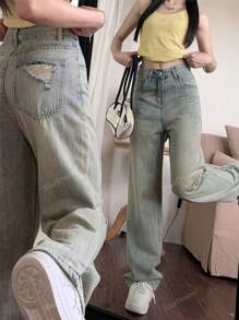 Straight Leg Loose Fitting Distressed Pocket Design Jeans, Ankle Length Pants