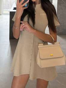 Elegant Round Neck Single Breasted Knitted A-Line Dress Old Money Style Office Casual Short Sleeve Mini Dress Autumn Outfits Modest Dresses For Women - Khaki - View 1