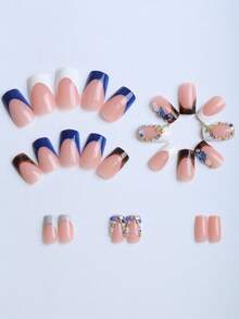 24 片短方形水晶指甲礼盒装 夏季清爽蓝色指甲 棕色复古豹纹白色小花牛奶日间蓝钻石金钢珠酷黑法式尖头指甲派对便携假指甲带果冻胶 1 片摩擦条 1 片美甲用品指甲 - 彩色 - 查看 2