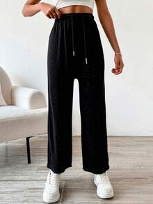 Pantalón de pierna ancha para mujer, diseño sexy, elegante y casual, tela de algodón y poliéster, apto para temporada de primavera y verano, ajuste de cintura natural con resorte y cordón, con pequeña y elegante pedrería artificial y decorativa. Suave, fresco y ligero. - Negro - Ver 4