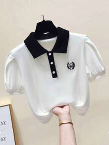 女童 Polo 衫学院风夏季新款短袖衬衫泡泡袖时尚休闲上衣，返校季 - 白色 - 查看 2