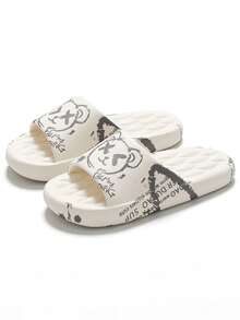 夏季男女通用卡通熊印花拖鞋，室内/室外，海滩，时尚黑白熊设计，男士特大码 36-49，随机印花位置卡其色