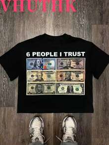 VHUTHK (220 Cotton T-Shirt) '6 PEOPLE I TRUST' Letter And Banknote Pattern Print, Men's Casual Soft 100% Cotton Full Neck Round Neck Short Sleeved T-Shirt With Portrait And Letter Print - màu đen - Xem 3