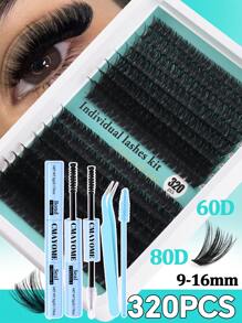 Kit de pestañas postizas rizadas y esponjosas con rizado D, 30D+40D+50D+60D+80D, 320 racimos de pestañas de estilo mixto de 10-18mm, set de pestañas dramático para principiantes, reutilizable con pegamento, incluye pincel para pestañas, pinzas y herramientas aplicadoras, ligero, portátil, pestañas listas para exterior