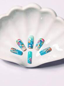 Medium And Long-Length Sky Blue Ocean Gradient Shiny Effect Press-On Fish French Tips Nail Art Shell Star Nail Stickers Dreamy Coral Press-On Nail Art Accessories Stickers Convenient For Daily Outings, Parties, Travel And Vacations Press-On Nails 24-Piece Finished Box Set With Jelly Glue And Rubbing Sticks