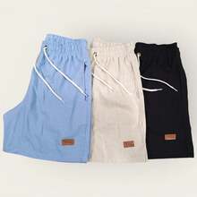 Kit 3 Premium Linen Shorts Bermuda Mauricinho Men's Casual Basic Comfortable Leather Label Detail - Celeste - Ver 1