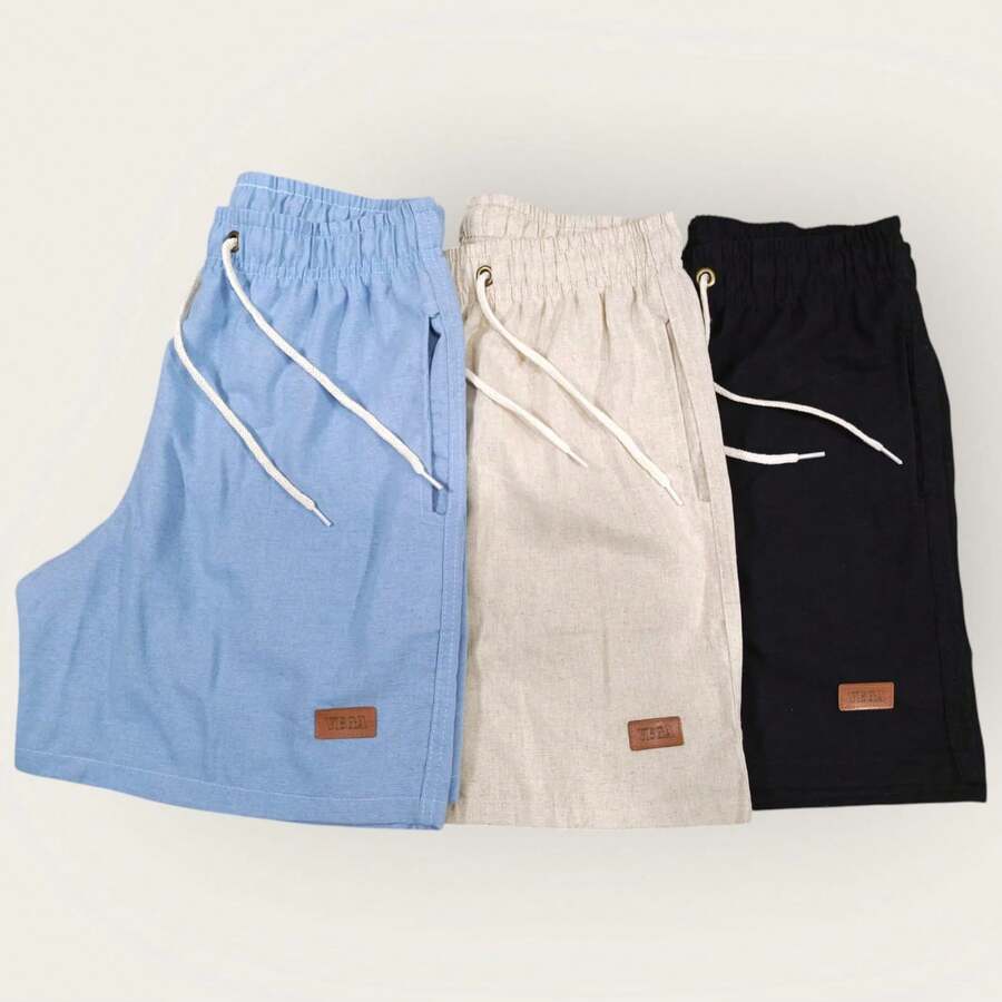 Kit 3 Premium Linen Shorts Bermuda Mauricinho Men's Casual Basic Comfortable Leather Label Detail - Celeste - Ver 1
