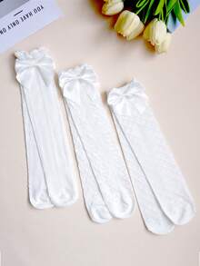 3 双女童白色蝴蝶结长袜，适合日常穿着 - 白色 - 查看 1