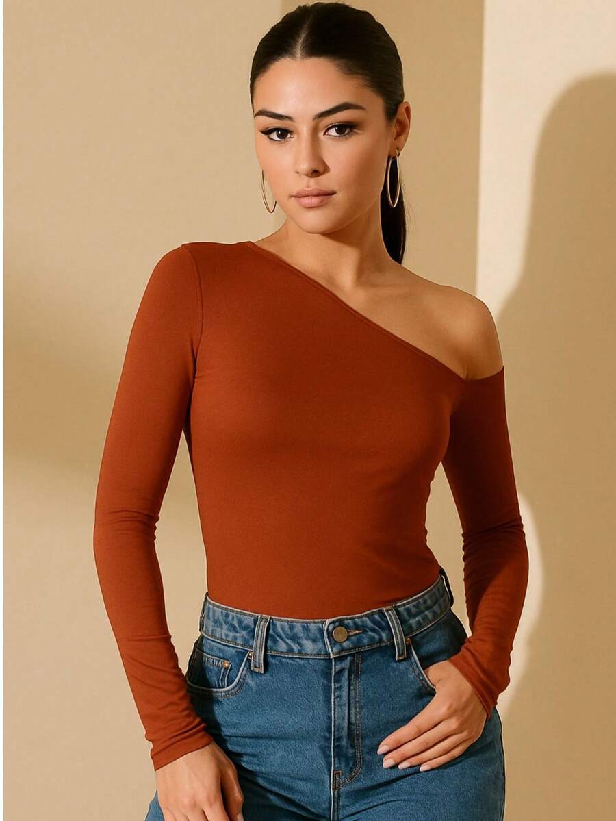 Women's Minimalist Asymmetric Shoulder Long Sleeve Slim Fit T-Shirt Top, Daily Wear, Fall/Winter - 銅色 - 查看 1