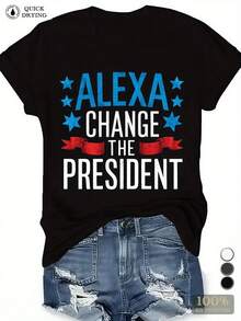 Camiseta con estampado gráfico de manga corta y cuello redondo de algodón negro de 180 g para mujer: camiseta patriótica divertida "Alexa Change the President", camiseta con declaración política de secado rápido, camisa informal de verano para damas de moda - Negro - Ver 1