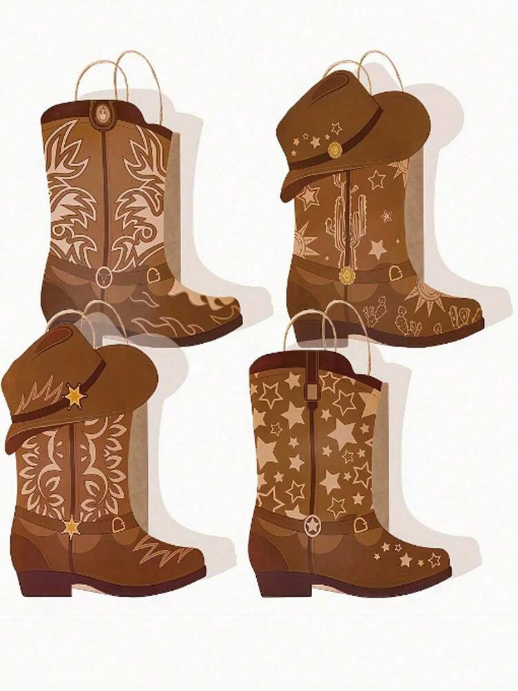 4/8/16 Peças Sacos de Papel Kraft com Alça em Formato de Bota e Chapéu de Cowboy Estilo Ocidental - Lembrancinhas para Festa com Tema Rodeio para Aniversários, Despedidas de Solteira e Decorações do Velho Oeste, Cores Mistas, Designs com Tema Cowboy DIY, Chapéu de Cowboy - Multicolorido - Visão 3