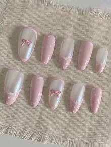 10 miếng dán móng tay họa tiết nơ 3D vẽ tay màu hồng nhạt dịu dàng, chấm bi dễ thương, phụ kiện làm móng, móng giả thủ công. - Hồng - Xem 2