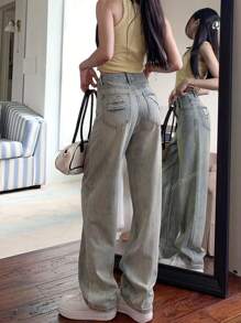 Straight Leg Loose Fitting Distressed Pocket Design Jeans, Ankle Length Pants