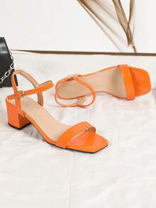 New Fashion Women Orange Patent High Heel Sandals With Ankle Strap, Square Toe, Thick Heel, Suitable For Vacation & Casual Wear - Orange - View 3