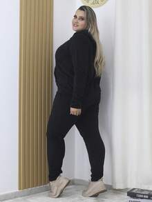 A&D Women's Plus Size Plush Set: Zip Top And Cuffed Trousers - Black - View 3