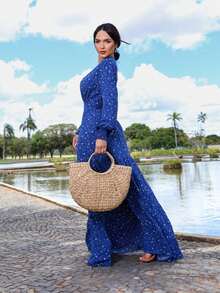 Elegant Printed Boho Chic Long Dress - Blue - View 3