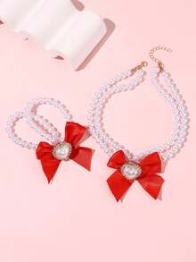 2pcs/Set Girl's Faux Pearl & Bow Decor Necklace & Bracelet Set - Pearl Beads - View 13