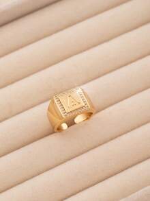 1pc Luxury Style 26 Letter Block Single-Sided Exquisite Cubic Zirconia Embellished Open Ring, Delicate Jewelry Accessory Suitable For Teenagers Daily Wear, 26 Initial Letter Ring Is An Ideal Gift For Friends - Gold - View 9