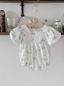 INS Newborn Baby Girls Fresh Floral Bubble Short Sleeve Romper, Summer - White - View 3