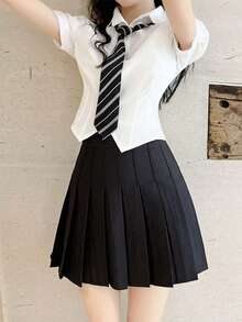 1 套角色扮演服装，舒适面料，学院风，百褶裙，清新，可爱，俏皮，新款高腰修身裙，包含（百褶裙 + 泡泡袖修身衬衫 + 领带）