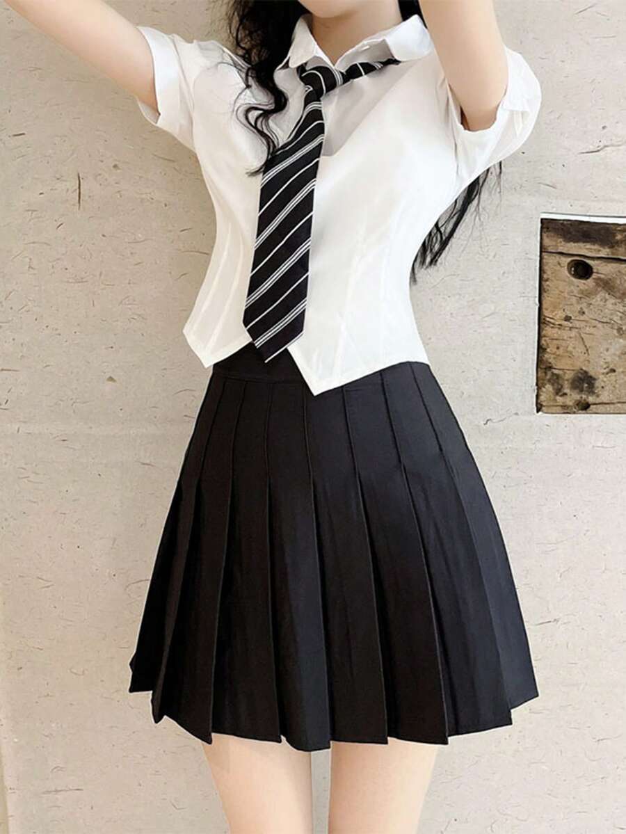 1 套角色扮演服装，舒适面料，学院风，百褶裙，清新，可爱，俏皮，新款高腰修身裙，包含（百褶裙 + 泡泡袖修身衬衫 + 领带）