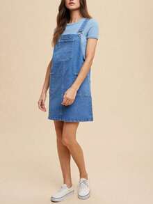 Womens Casual Denim Overall Chic Classic Adjustable Strap Mini Dress Medium Wash Blue Above Knee Length Front Pocket Design Round Neck Ribbed Tee Layered Look Spring Summer Daily Wear - Màu xanh trung bình - Xem 1